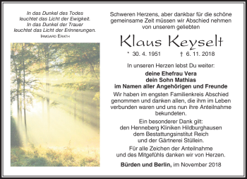 Traueranzeige von Klaus Keyselt von Südthüringer Presse
