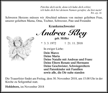 Traueranzeige von Andrea Kley von Südthüringer Presse
