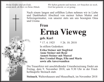 Traueranzeige von Erna Vieweg von Südthüringer Presse