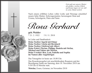 Traueranzeige von Rosa Gerhard von Südthüringer Presse