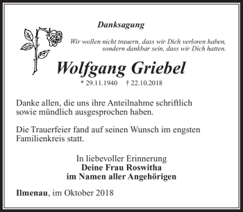 Traueranzeige von Wolfgang Griebel von Südthüringer Presse