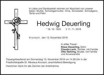 Traueranzeige von Hedwig Deuerling von Neue Presse Coburg