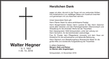 Traueranzeige von Walther Hegner von Frankenpost