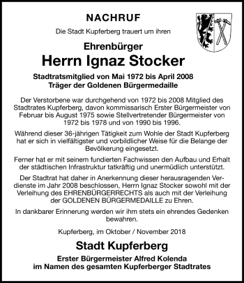 Traueranzeige von Ignaz Stocker von Frankenpost