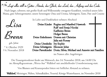 Traueranzeige von Lisa Brenn von Südthüringer Presse