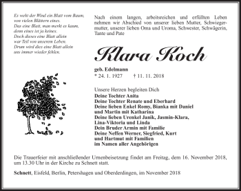 Traueranzeige von Klara Koch von Südthüringer Presse