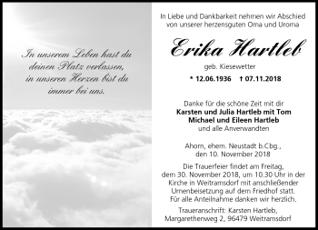 Traueranzeige von Erika Hartleb von Neue Presse Coburg