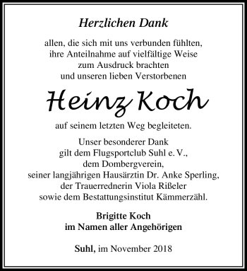 Traueranzeige von Heinz Koch von Südthüringer Presse