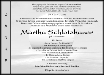 Traueranzeige von Martha Schlotzhauer von Südthüringer Presse