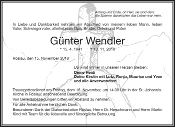 Traueranzeige von Günter Wendler von Frankenpost