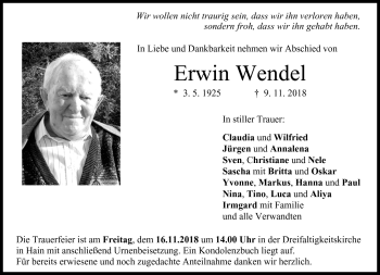 Traueranzeige von Erwin Wendel von Neue Presse Coburg