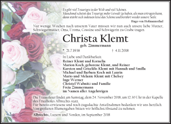 Traueranzeige von Christa Klemt von Südthüringer Presse