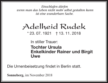 Traueranzeige von Adelheid Rudeck von Südthüringer Presse