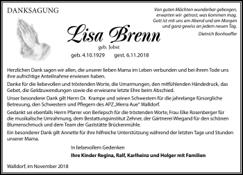 Traueranzeige von Lisa Brenn von Südthüringer Presse