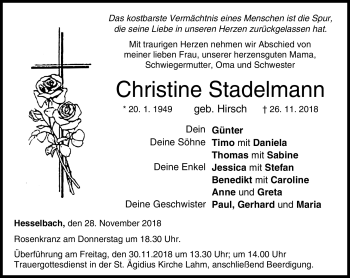 Traueranzeige von Christine Stadelmann von Neue Presse Coburg