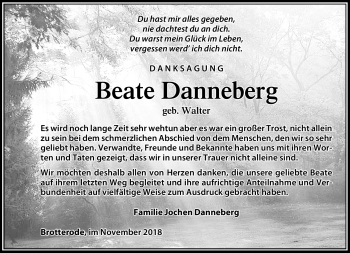 Traueranzeige von Beate Danneberg von Südthüringer Presse