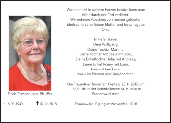 Traueranzeige von Doris Ehmann von Südthüringer Presse