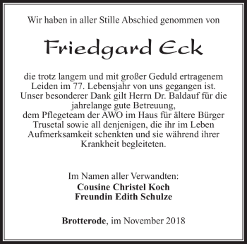 Traueranzeige von Friedgard Eck von Südthüringer Presse