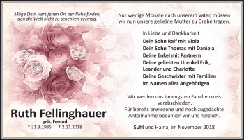 Traueranzeige von Ruth Fellinghauer von Südthüringer Presse