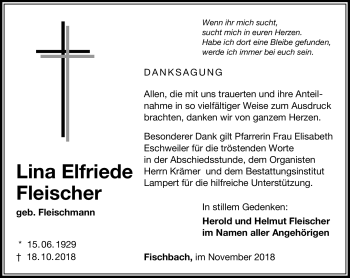 Traueranzeige von Lina Elfriede Fleischer von Südthüringer Presse
