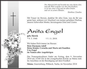 Traueranzeige von Anita Engel von Südthüringer Presse