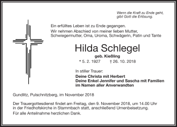 Traueranzeige von Hilda Schlegel von Frankenpost