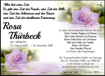 Traueranzeige von Rosa Thürbeck von Südthüringer Presse