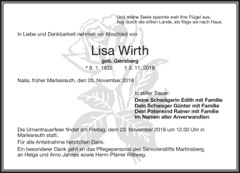 Traueranzeige von Lisa Wirth von Frankenpost