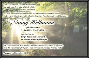 Traueranzeige von Nanny Hellmann von Südthüringer Presse