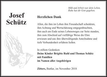 Traueranzeige von Josef Schütz von Südthüringer Presse