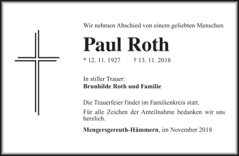 Traueranzeige von Paul Roth von Südthüringer Presse