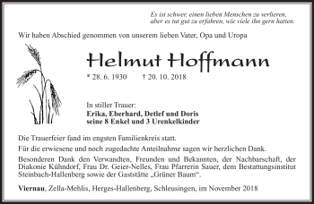 Traueranzeige von Helmut Hoffmann von Südthüringer Presse