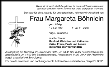 Traueranzeige von Margareta Böhnlein von Frankenpost