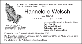Traueranzeige von Hannelore Welsch von Neue Presse Coburg