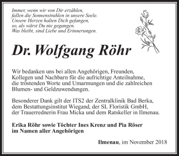 Traueranzeige von Wolfgang Röhr von Südthüringer Presse