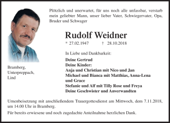 Traueranzeige von Rudolf Weidner von Neue Presse Coburg