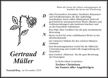 Traueranzeige von Gertraud Müller von Südthüringer Presse