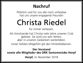 Traueranzeige von Christa Riedel von Südthüringer Presse
