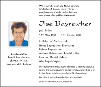 Traueranzeige von Ilse Bayreuther von Frankenpost