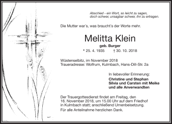 Traueranzeige von Melitta Klein von Frankenpost
