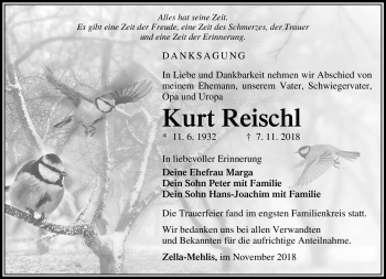Traueranzeige von Kurt Reischl von Südthüringer Presse