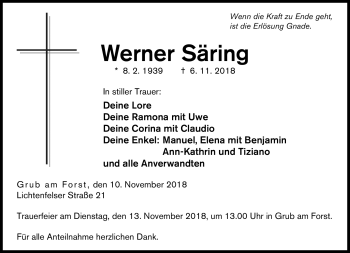 Traueranzeige von Werner Säring von Neue Presse Coburg