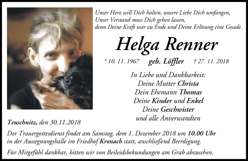  Traueranzeige für Helga Renner vom 30.11.2018 aus Neue Presse Coburg