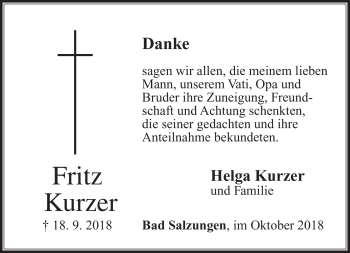 Traueranzeige von Fritz Kurzer von Südthüringer Presse