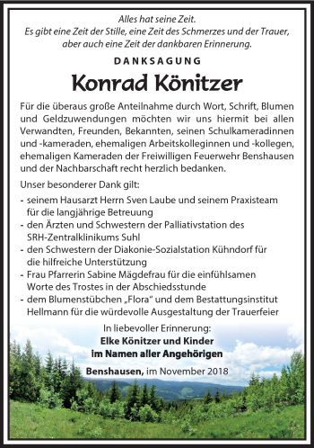 Traueranzeige von Konrad Könitzer von Südthüringer Presse