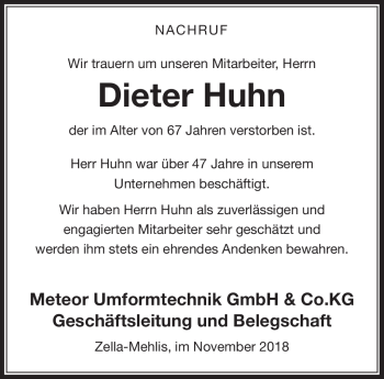 Traueranzeige von Dieter Huhn von Südthüringer Presse