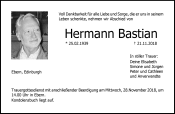 Traueranzeige von Hermann Bastian von Neue Presse Coburg