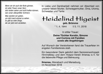 Traueranzeige von Heidelind Higest von Südthüringer Presse