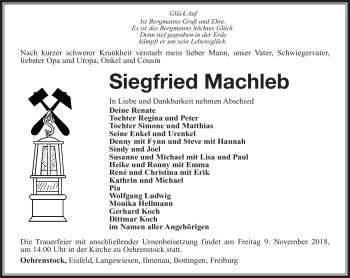 Traueranzeige von Siegfried Machleb von Südthüringer Presse