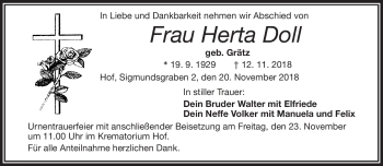 Traueranzeige von Herta Doll von Frankenpost
